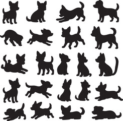 Silhouettes of various dog breeds in playful poses on a white background, perfect for animal lovers and creative projects
