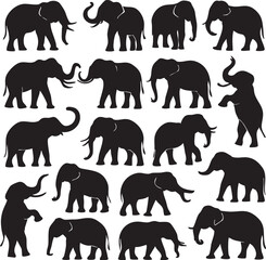 Silhouetted elephants in various poses on a white background showcasing their distinct shapes and sizes in a playful arrangement
