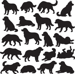 Diverse silhouettes of dogs engaging in various poses and activities on a simple background
