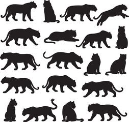 Various silhouettes of cats and big cats in a repetitive pattern on a white background showcasing different poses and movements