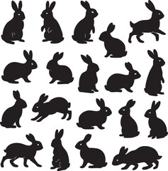 Variety of rabbit silhouettes in different positions against a plain background