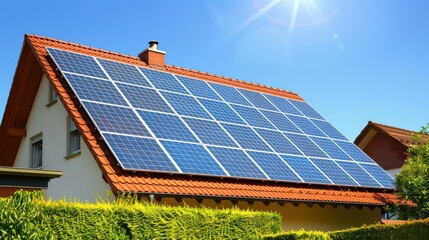 Fototapeta premium Solar panels on a house roof in a sunny suburban neighborhood