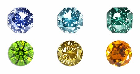3D rendered faceted gemstones in various colors and shapes. 