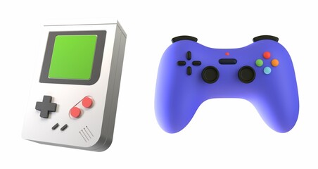 3D rendered gaming devices: a classic handheld console with a green screen and a modern purple controller. 