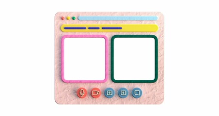 3D rendered browser window interface featuring two blank frames and a set of media control icons.