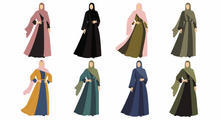 Collection of Muslim Women's Fashion: Abayas and Hijabs in Various Colors and Styles