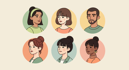 Diverse Cartoon People Portraits in Circles: Vector Illustration of Six Individuals
