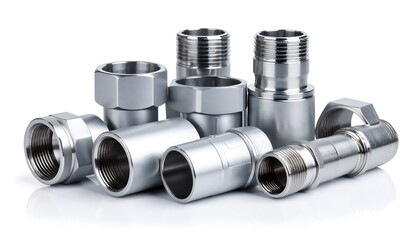 Metal pipe fittings with parts, and white background.