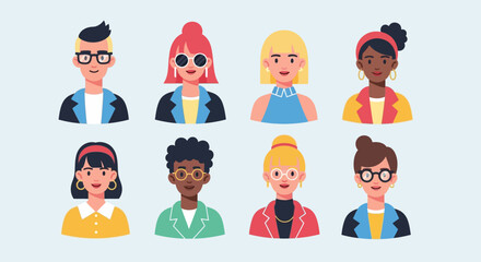 Eight Diverse Cartoon Character Portraits: Stylish, Smiling Avatars with Various Hairstyles, Glasses, and Apparel