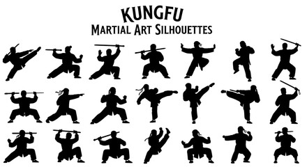Kung Fu Martial Art Silhouettes: Collection of 24 Black Silhouettes Depicting Diverse Kung Fu Poses and Weapon Usage