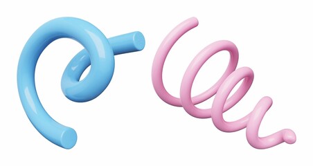3D rendered spiral shapes in blue and pink, appearing soft and flexible.