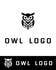 A modern and minimalist owl logo design with geometric lines and bold shapes in black and white 