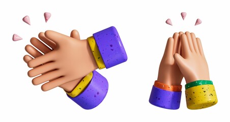 3D rendered cartoon hands clapping with pink confetti accents. 