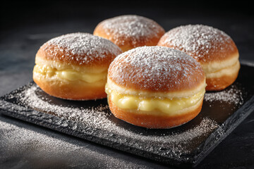 three doughnuts with powdered sugar on a black plate