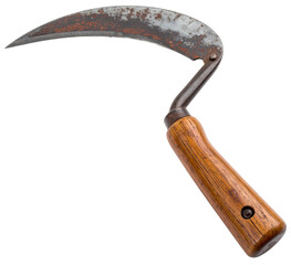 rusty garden sickle with wooden handle isolated on white background