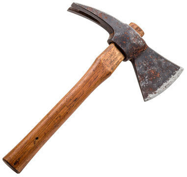 weathered axe mattock with wooden handle isolated on white background