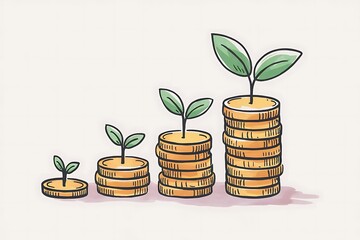 Watercolor-style artistic illustration of growing coin stacks with plants – symbolizing financial success, saving habits, and long-term investment strategy