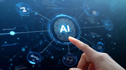 AI agent and generative artificial intelligence. Robotic processes automation and data analysis. Businessman touching head and AI icon on application network system