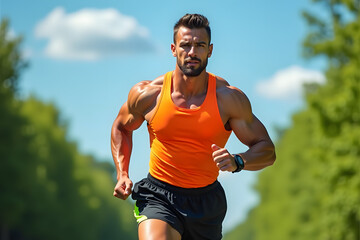 Fototapeta premium Handsome muscular athlete jogging in a park, embodying an active and healthy lifestyle