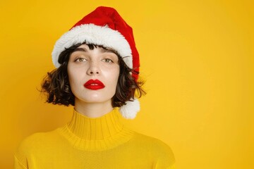 Vibrant Color Picture of Woman with Santas Hat in a Yellow Background