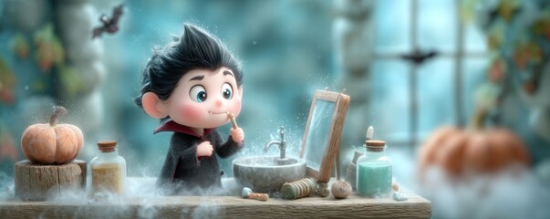 Young vampire brushing teeth enchanted forest animated scene magical environment playful viewpoint