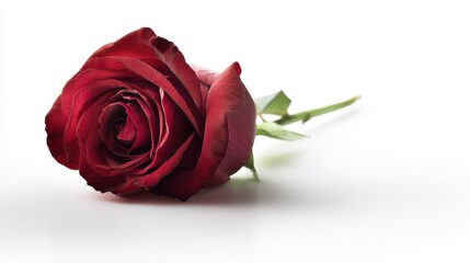 Fototapeta premium A single deep-red rose with velvety petals tightly furled, rich hue darkening towards edges, green stem and leaves contrast stark white background, soft lighting highlights delicate texture.