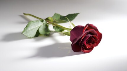 Single deep-red velvety rose with rich petals and long green stem, fresh serrated leaves, soft shadow on smooth white surface, simple elegant focus.