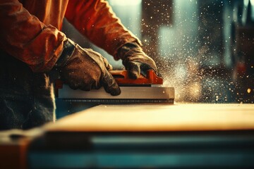 Premium Quality Picture of Worker Using Saw Side View