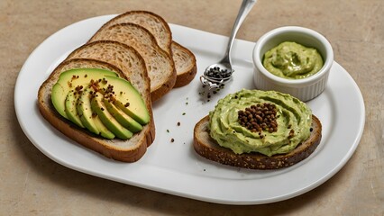 Top view of toast slice with avocado spread black pepper and fresh lemon wedge on white table surface