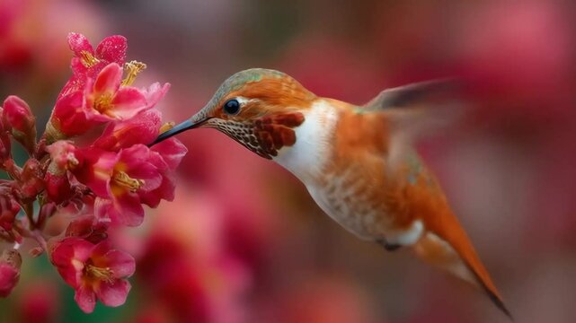 Hummingbird feeding on pink flowers.