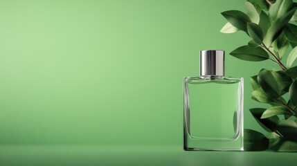 A clear glass perfume bottle sits on a lime green surface, with a sprig of fresh green leaves beside it