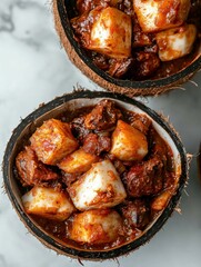 sharp image of top view halves of coconut and stew