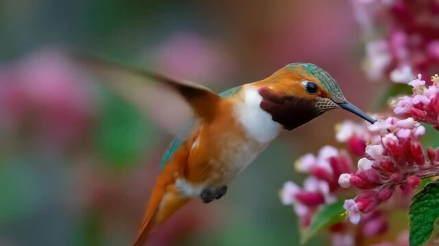 Hummingbird feeding with pink flowers.