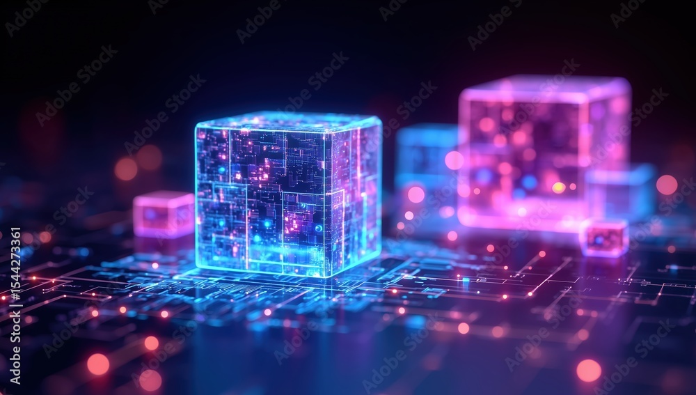 Aufkleber 3d rendering of glowing holographic cubes interconnected with digital circuit boards and network lin