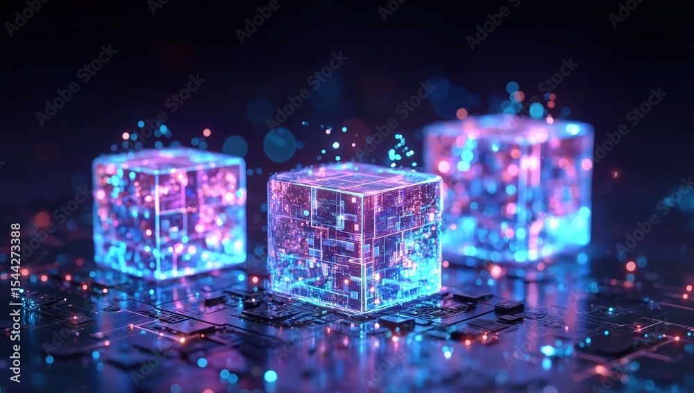 Aufkleber 3d rendering of glowing holographic cubes interconnected with digital circuit boards and network lin