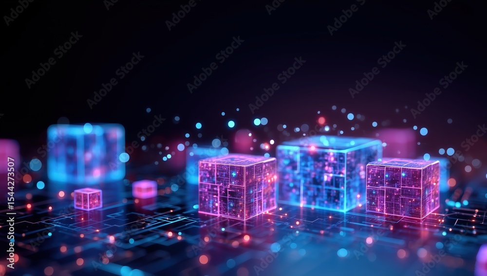 Aufkleber 3d rendering of glowing holographic cubes interconnected with digital circuit boards and network lin