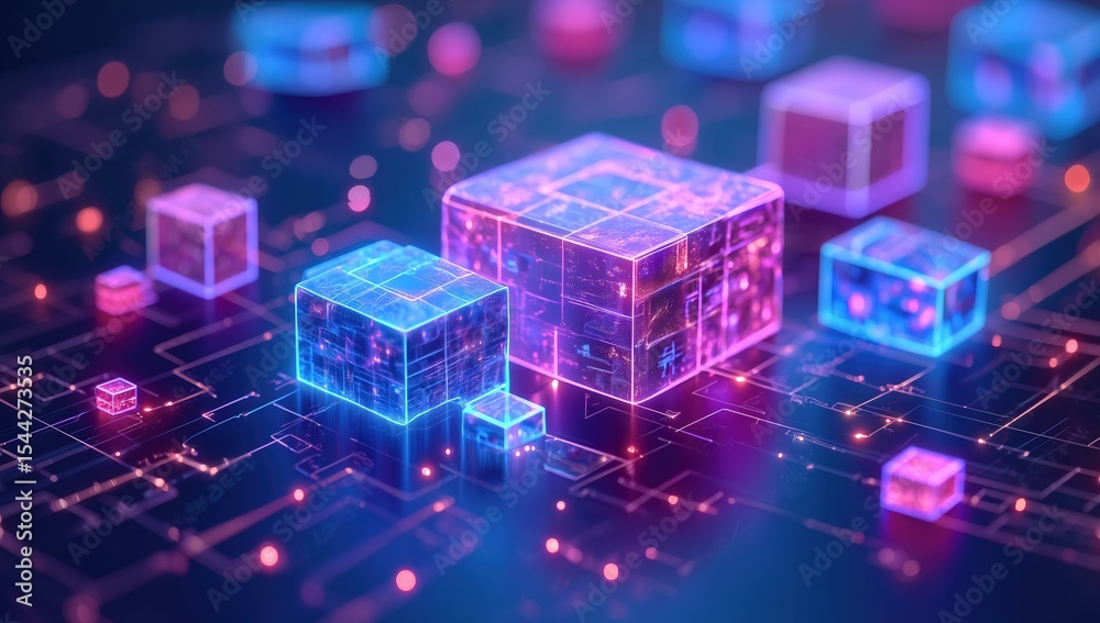 Aufkleber 3d rendering of glowing holographic cubes interconnected with digital circuit boards and network lin