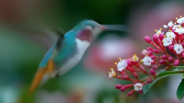 Hummingbird hovering with flowers, and garden.