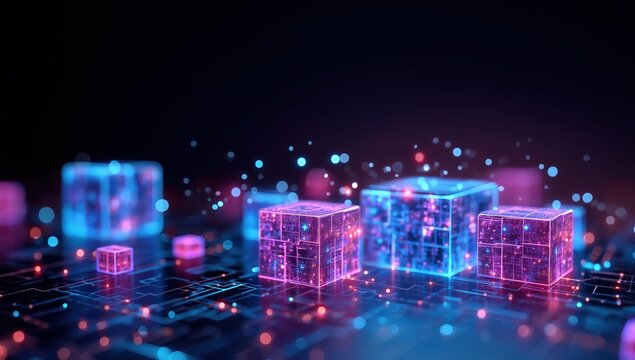 3D rendering of glowing holographic cubes interconnected with digital circuit boards and network lines on dark background, abstract geometric design in blue, pink, and purple neon colors with light ef