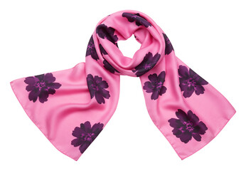 淡いピンク地に濃い紫の花柄が美しいシルクスカーフ 優雅に輝く上品な逸品