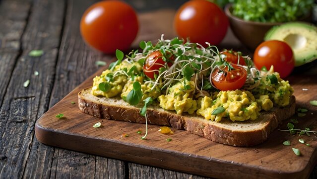 Healthy avocado toast topped with tofu scramble cherry tomatoes and sprouts on rustic wooden board