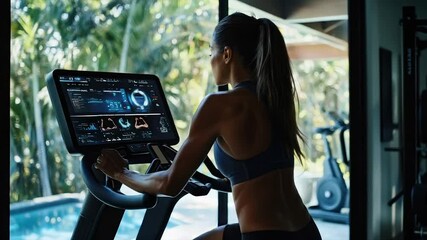 Woman using a sleek, interactive stationary bike with a large digital display in a luxurious home gym - Powered by Adobe