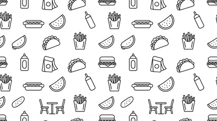 Seamless pattern of various fast food items in black outline on white back