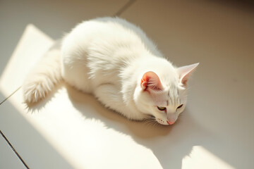 White Cat.A fluffy white cat on a pale beige floor, with soft sunlight filtering in, AI-generated