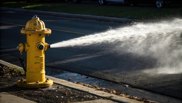 Water spraying from open yellow fire hydrant on street
