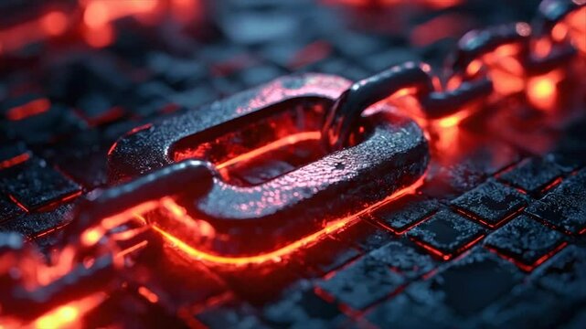 Glowing metal chain link on dark surface