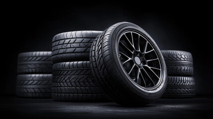 Naklejka premium Sleek Black Car Tires Stacked Against Dark Background Automotive Parts Industry Rubber Wheels