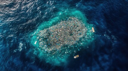 An aerial view of a plastic island the size of a small country, floating in the Pacific Ocean, shocking environmental reality,