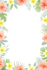 水彩で描いたハイビスカスとプルメリアのフレーム　夏のポストカード