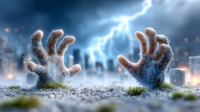 Zombie hands emerge from grave in a stormy city digital art apocalyptic environment dramatic perspective